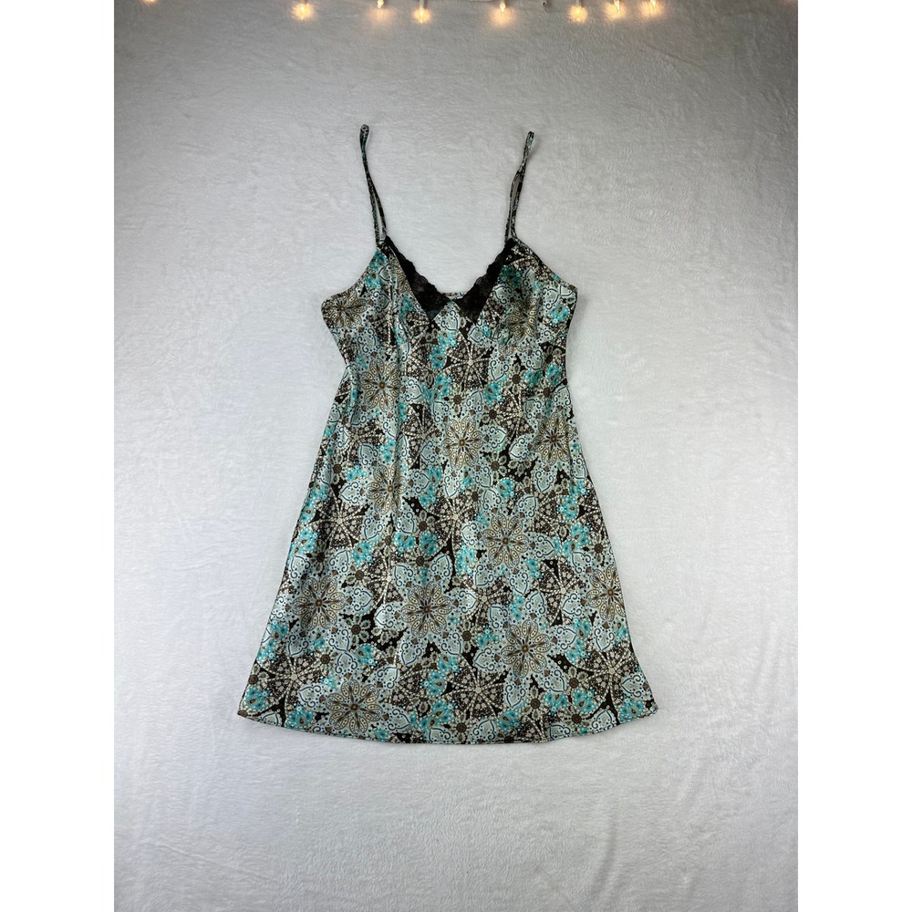 Adonna Chemise Womens M Regular Teal Paisley Satin Slip Nightgown Lace‎ Y2K